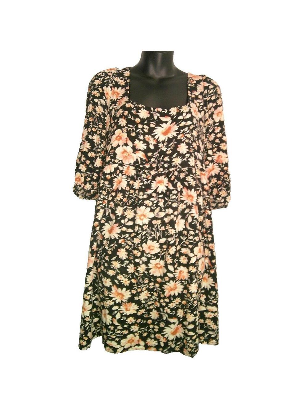American Eagle Black Floral Dress with Square Neck and Puff Sleeves, Size M Y2K